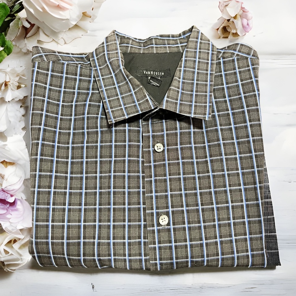 VAN HEUSEN Men's Black blue Square Plaid Button Up Long Sleeve Dress Shirt XXL - Picture 3 of 6